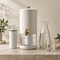 Countertop water filter starter set with cartridge, carafe and drinking glass