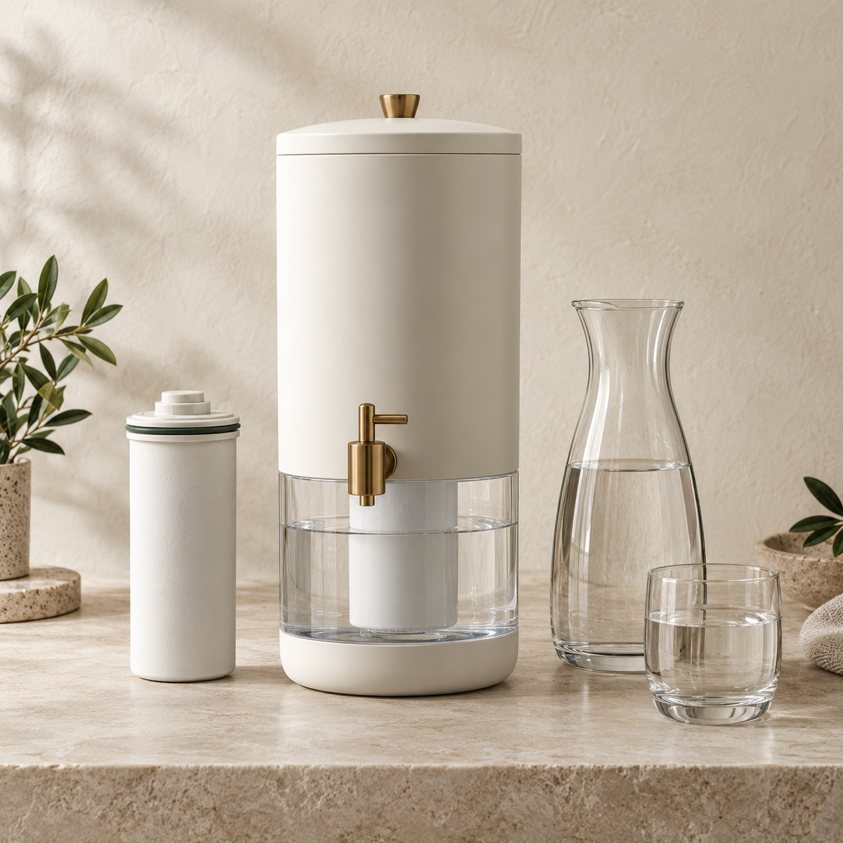 Countertop water filter starter set with cartridge, carafe and drinking glass