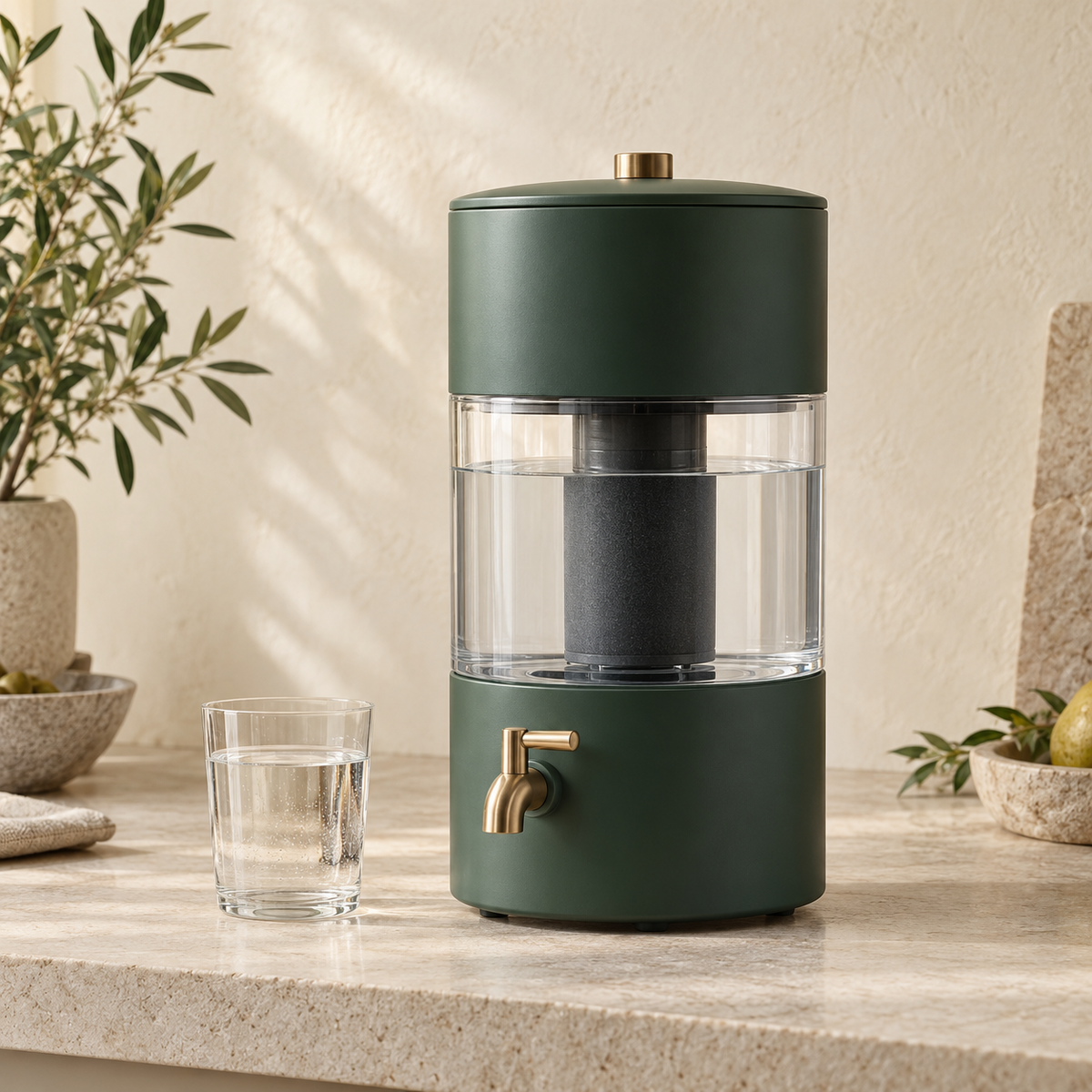 Forest green countertop water filter with a glass of water